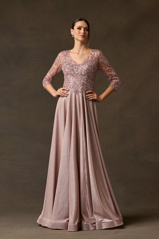 Vestido Corte en A con Mangas de Crepe Brillante y Tul Bordado con Cuentas, Color Ice Blue Y Mauve