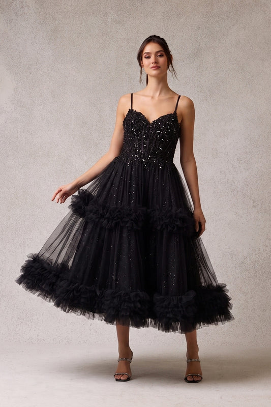 Vestido Corte Midi de Tul con Brillos y Corpiño Bordado con Lentejuelas y Cuentas, Color Black