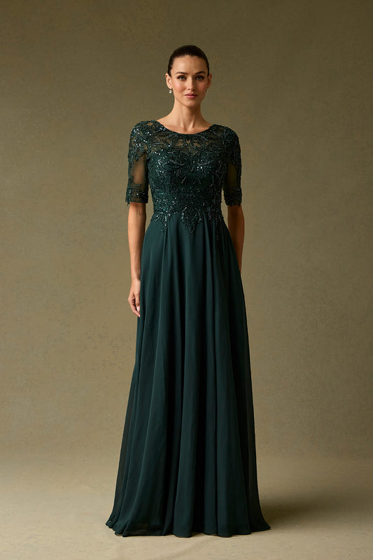 Vestido de Chiffon, en Corte A y Corpiño Bordado, Color Dark Green