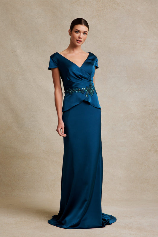 Vestido Con Manga Corta Pliegues y Bordado en la Cintura Color Teal