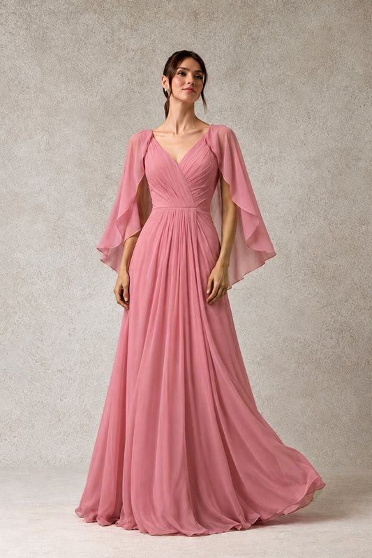 Vestido Corte en A, de Chiffon, Con Mangas Tipo Capa, Escote en V, Con Detalles de Drapeado al Frente y Atrás, Colores Dusty Rose y Gray