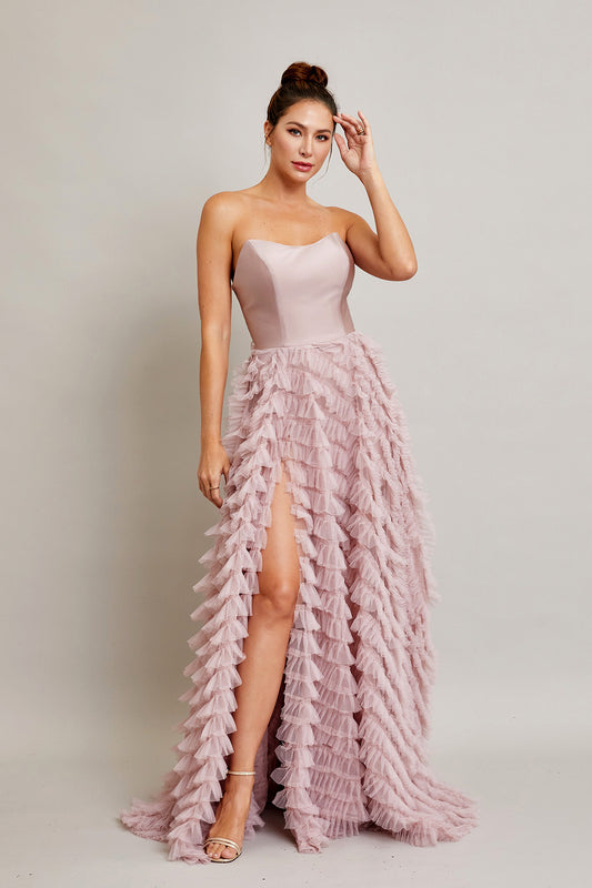 Vestido en Línea A, Sin Tirantes, Escote en Corazón y con Abertura (Varios Colores).
