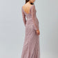 Vestido de Tul Bordado con Cuentas y Lentejuelas de Manga Larga y Abertura en la Pierna, Color Mauve