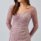 Vestido de Tul Bordado con Cuentas y Lentejuelas de Manga Larga y Abertura en la Pierna, Color Mauve