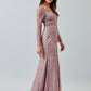Vestido de Tul Bordado con Cuentas y Lentejuelas de Manga Larga y Abertura en la Pierna, Color Mauve