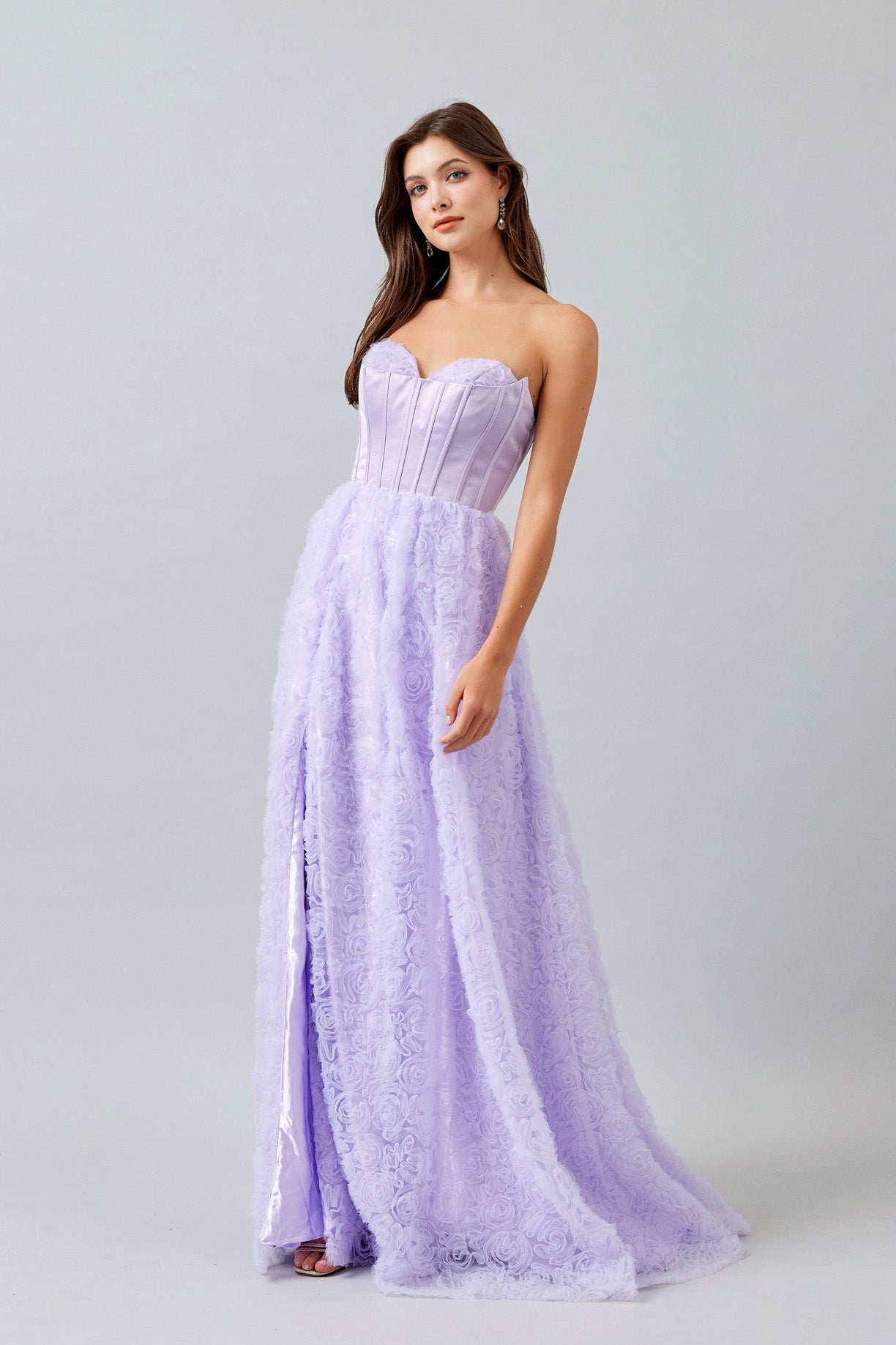 Vestido Corte en A, de Satén y Tul, sin Tirantes, Escote Corazón, Corpiño Tipo Corsé, Color Lilac