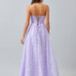 Vestido Corte en A, de Satén y Tul, sin Tirantes, Escote Corazón, Corpiño Tipo Corsé, Color Lilac