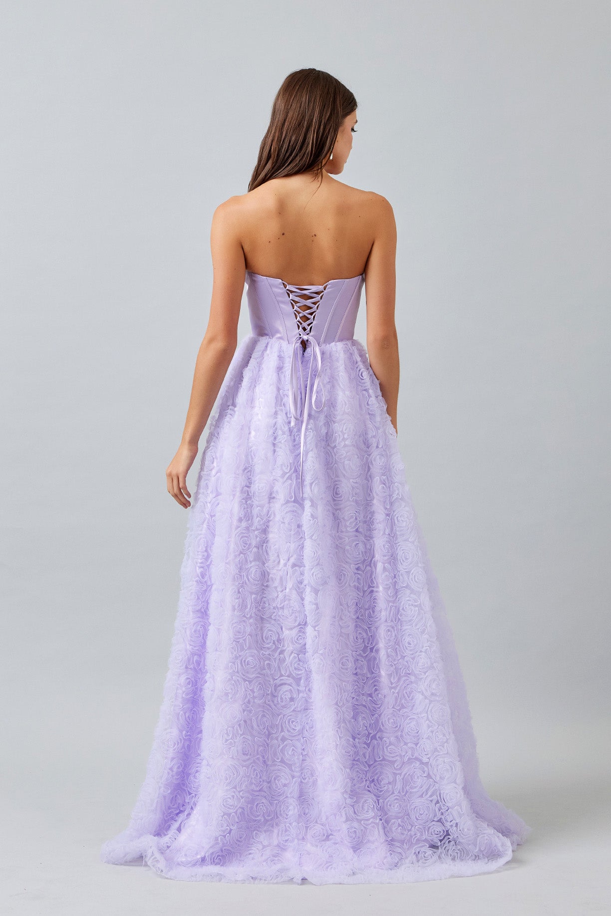 Vestido Corte en A, de Satén y Tul, sin Tirantes, Escote Corazón, Corpiño Tipo Corsé, Color Lilac