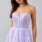 Vestido Corte en A, de Satén y Tul, sin Tirantes, Escote Corazón, Corpiño Tipo Corsé, Color Lilac