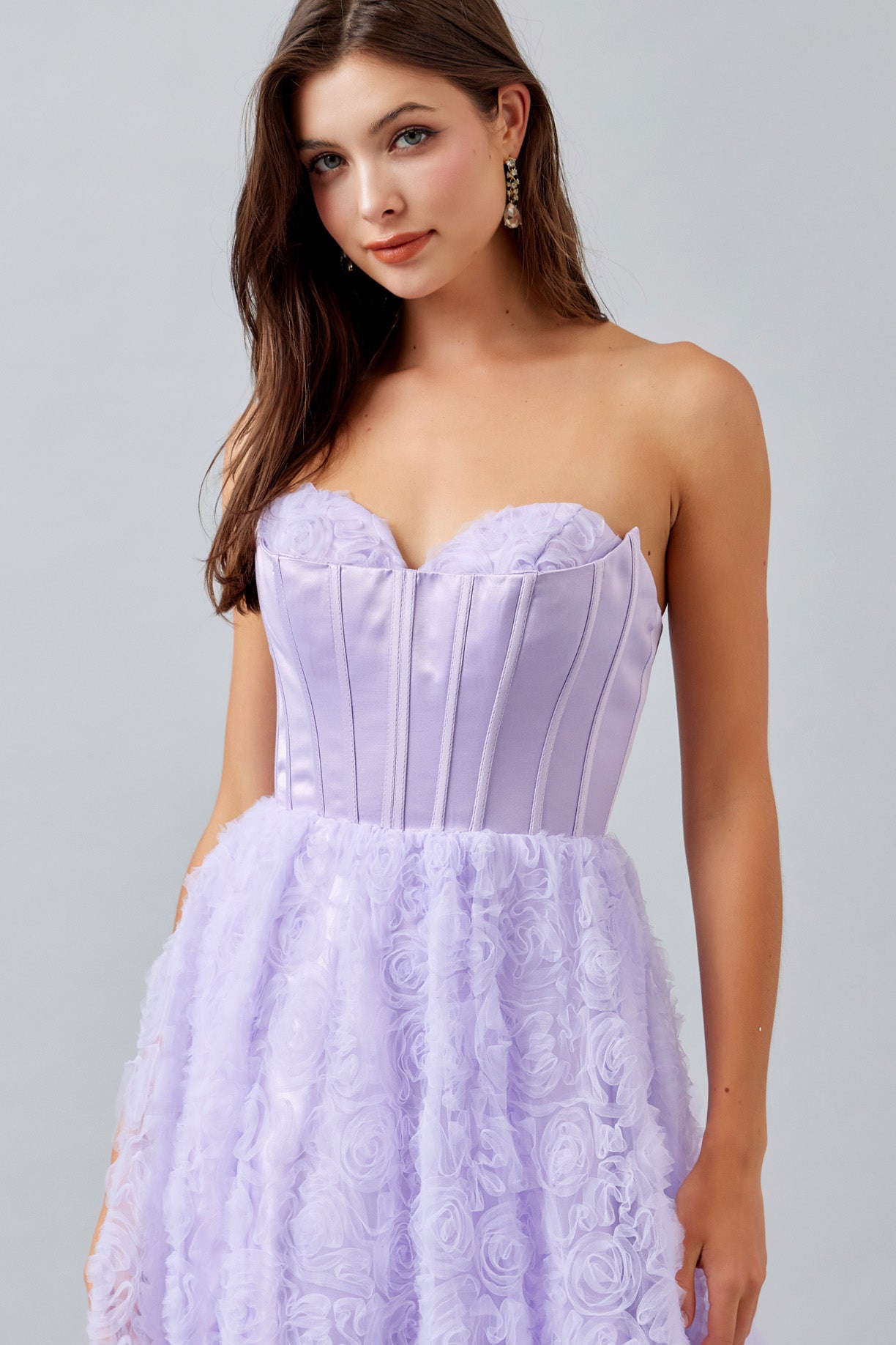 Vestido Corte en A, de Satén y Tul, sin Tirantes, Escote Corazón, Corpiño Tipo Corsé, Color Lilac