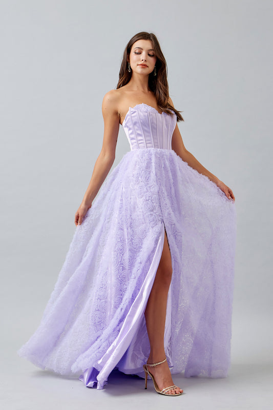 Vestido Corte en A, de Satén y Tul, sin Tirantes, Escote Corazón, Corpiño Tipo Corsé, Color Lilac