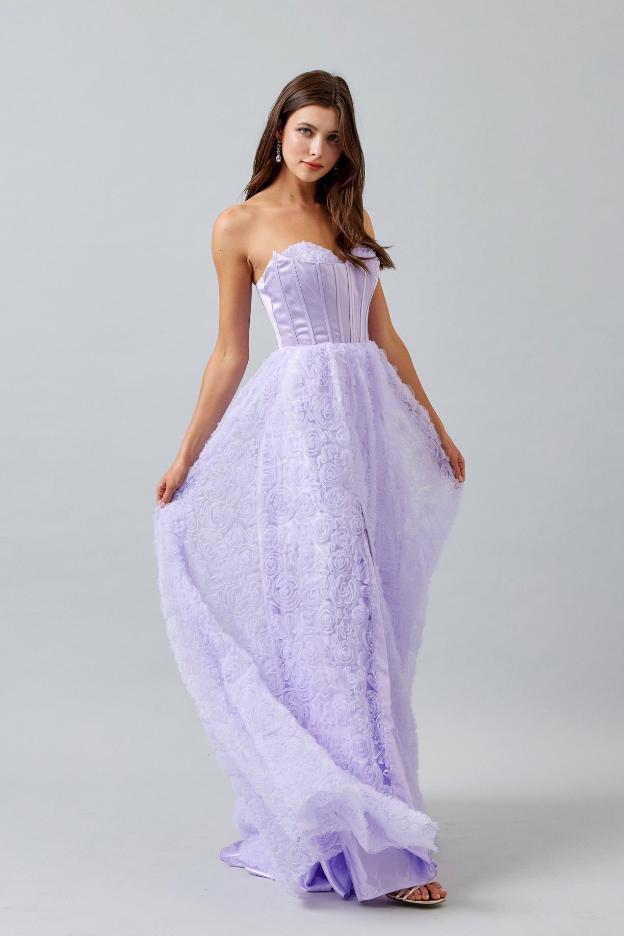 Vestido Corte en A, de Satén y Tul, sin Tirantes, Escote Corazón, Corpiño Tipo Corsé, Color Lilac