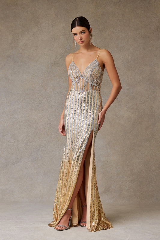 Vestido Línea Recto con Lentejuelas ny con Abertura en la Pierna Color Silver Nude