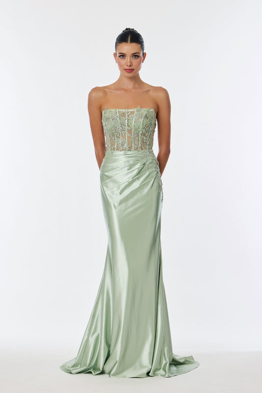 Vestido Corte Recto con Corpiño Semitransparente de Encaje Bordado, Color Sage