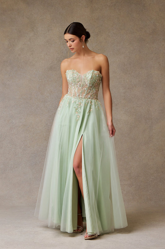Vestido en línea A  de Strapless  con abertura Color Mint.