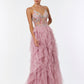 Vestido de Tul con Falda en Olanes y Corsé con Encaje, Cuentas y Lentejuelas, Color Mauve
