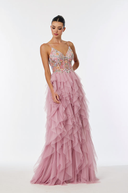 Vestido de Tul con Falda en Olanes y Corsé con Encaje, Cuentas y Lentejuelas, Color Mauve