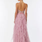 Vestido de Tul con Falda en Olanes y Corsé con Encaje, Cuentas y Lentejuelas, Color Mauve