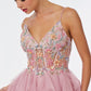 Vestido de Tul con Falda en Olanes y Corsé con Encaje, Cuentas y Lentejuelas, Color Mauve