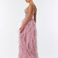 Vestido de Tul con Falda en Olanes y Corsé con Encaje, Cuentas y Lentejuelas, Color Mauve