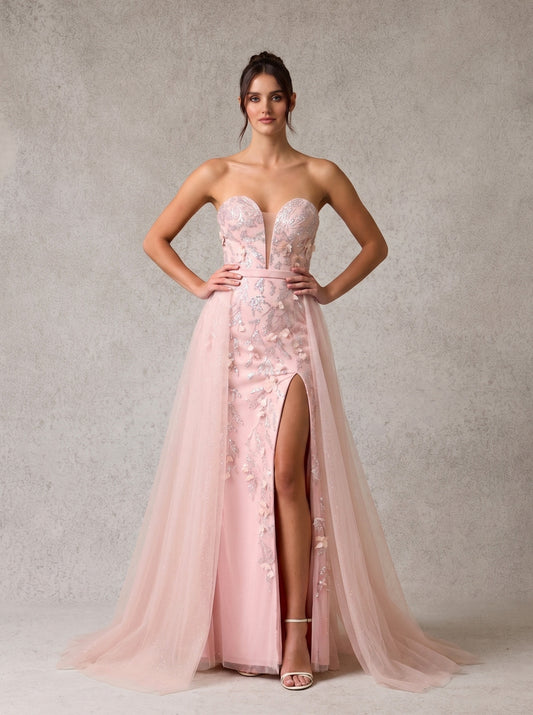 Vestido Corte Recto con Falda Desmontable, sin Tirantes, Escote Corazón, con Motivos Florales en 3D, Color Dusty Pink