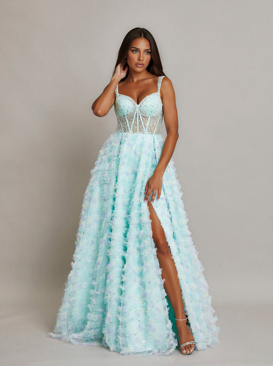 Vestido Corete en A, de Tul con Aplicaciones en Lentejuelas, de Escote Corazón y Tirantes, Color Mint Multi