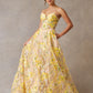 Vestido  Corte A Sin Tirantes y Escote Corazón Color Yelow Print.