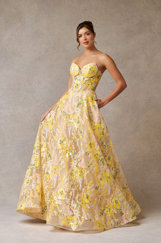 Vestido  Corte A Sin Tirantes y Escote Corazón Color Yelow Print.