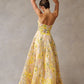 Vestido  Corte A Sin Tirantes y Escote Corazón Color Yelow Print.