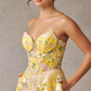 Vestido  Corte A Sin Tirantes y Escote Corazón Color Yelow Print.