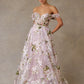 Vestido de Organza en Corte A con Hombros Descubiertos, Color Blush Print
