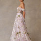 Vestido de Organza en Corte A con Hombros Descubiertos, Color Blush Print