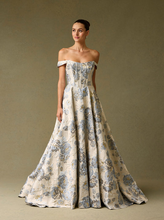 Vestido de Jacquard Estampado, con Hombros Descubiertos, Escote Corazón y Bolsillos Laterales, Color Ice Blue Print