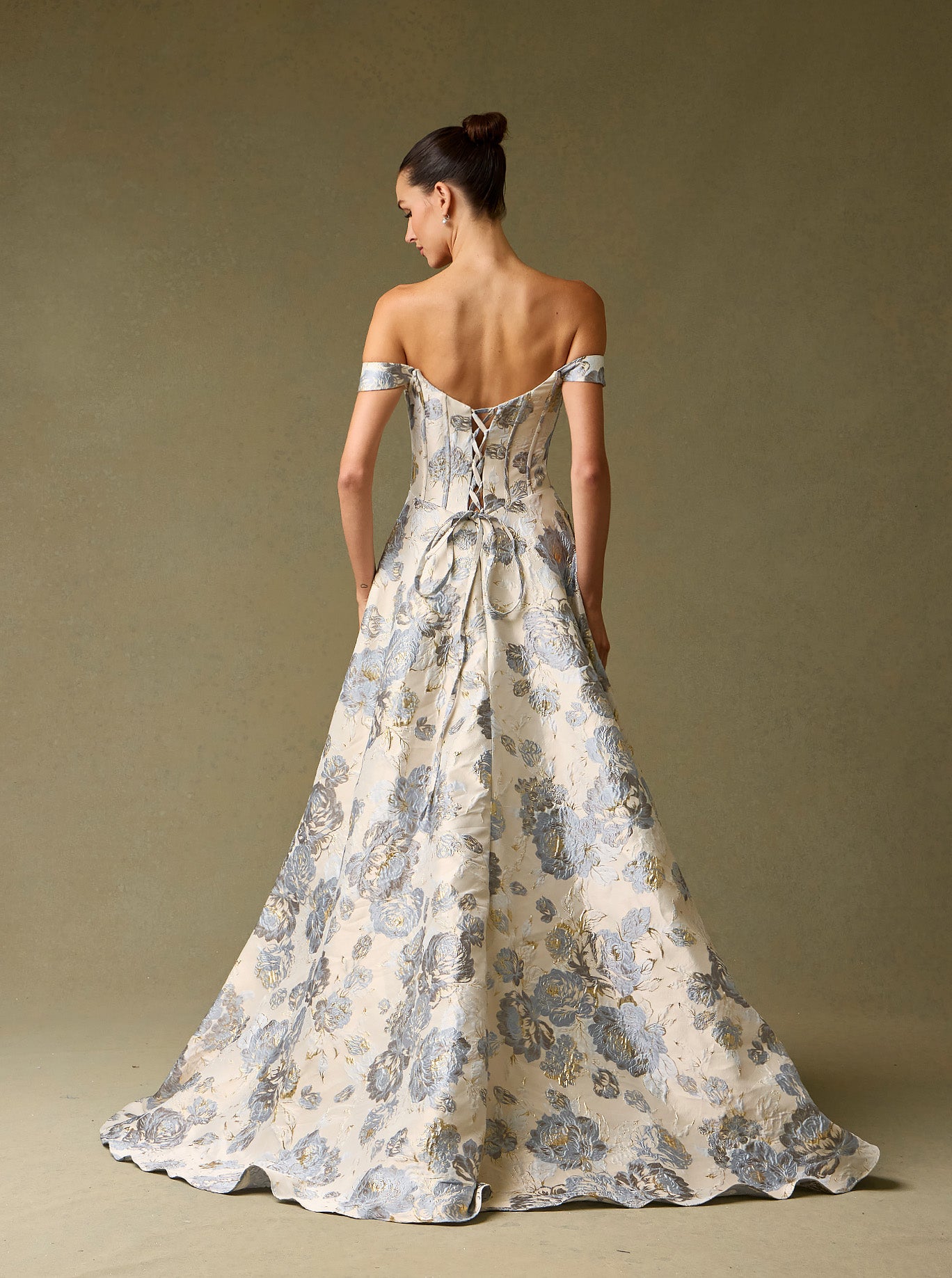 Vestido de Jacquard Estampado, con Hombros Descubiertos, Escote Corazón y Bolsillos Laterales, Color Ice Blue Print