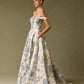 Vestido de Jacquard Estampado, con Hombros Descubiertos, Escote Corazón y Bolsillos Laterales, Color Ice Blue Print