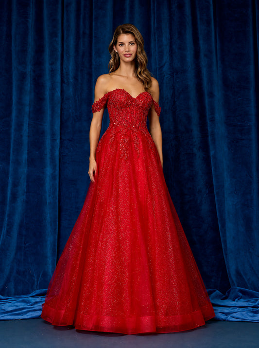 Vestido en Corte A, de Tul con Brillos, Hombros Descubiertos, Escote Corazón, Corpiño Tipo Corsé Bordado