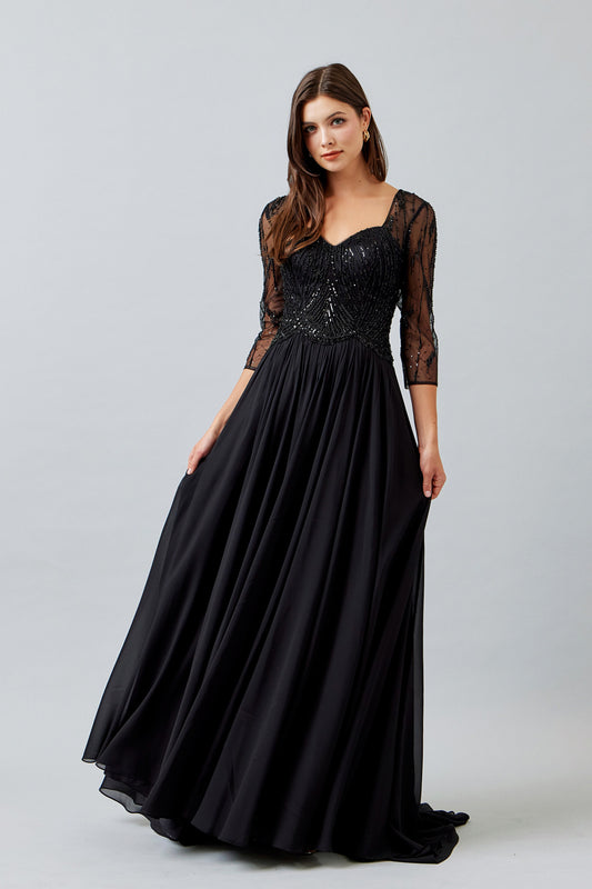 Vestido en Línea A con Manga Laga Color Black