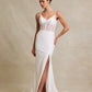 Vestido de Novia con Abertura en la Pierna de Encaje Bordado con Cristales Cuentas y Lentejuelas,Color Off White