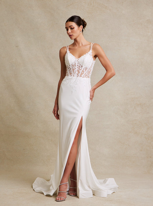 Vestido de Novia con Abertura en la Pierna de Encaje Bordado con Cristales Cuentas y Lentejuelas,Color Off White
