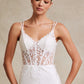 Vestido de Novia con Abertura en la Pierna de Encaje Bordado con Cristales Cuentas y Lentejuelas,Color Off White