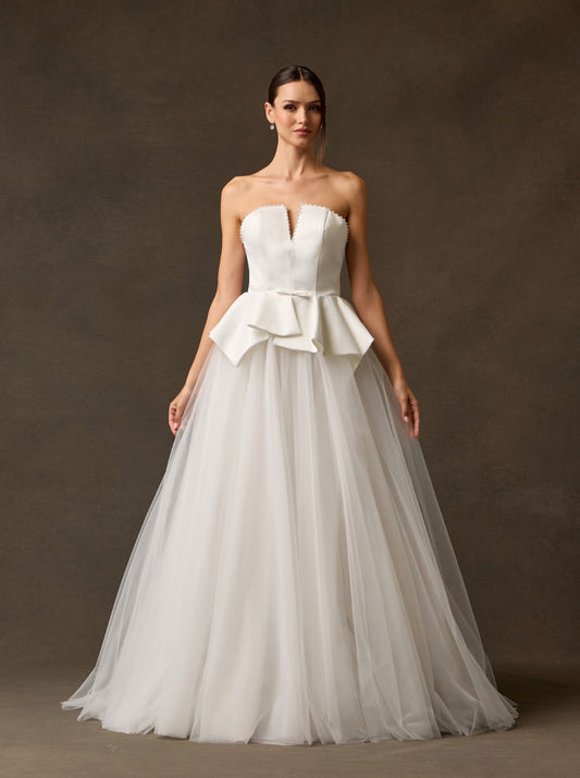 Vestido de Novia, Corte A, con Escote en V, sin Tirantes, Color Off White