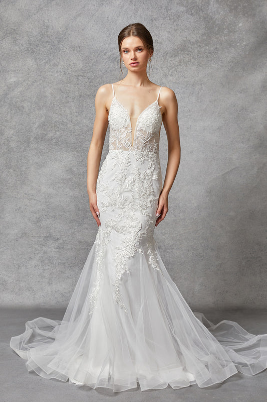 Vestido de Novia Corte Sirena de Tul Bordado, Color Off White