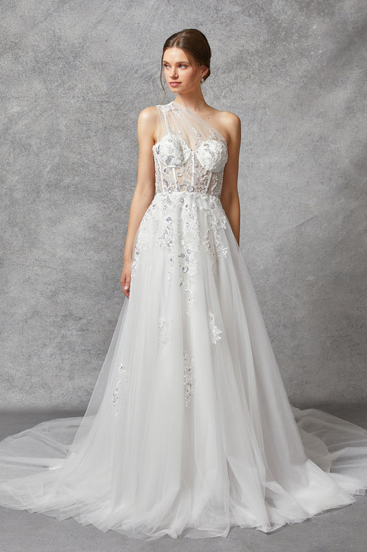 Vestido de Novia Corte en A con Tirante Cruzado de Tul Bordado con Cuentas y Lentejuelas, Color Off White
