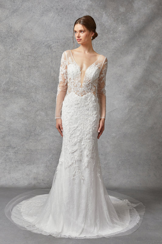 Vestido de Novia de Tul con Encaje Bordado Corte Sirena y Manga Larga, Color Off White