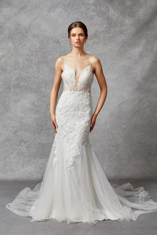 Vestido de Novia Corte Sirena Cuello en V Encaje Bordado Color Off White