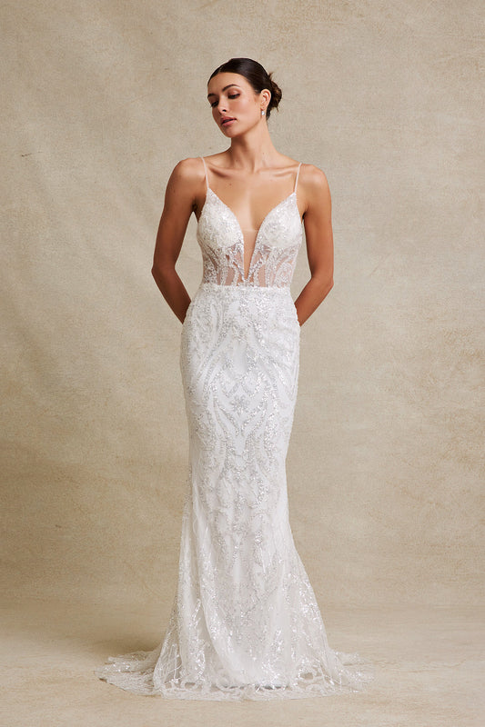 Vestido de Novia de Tul Bordado con Lentejuelas y Cristales, Color Off White