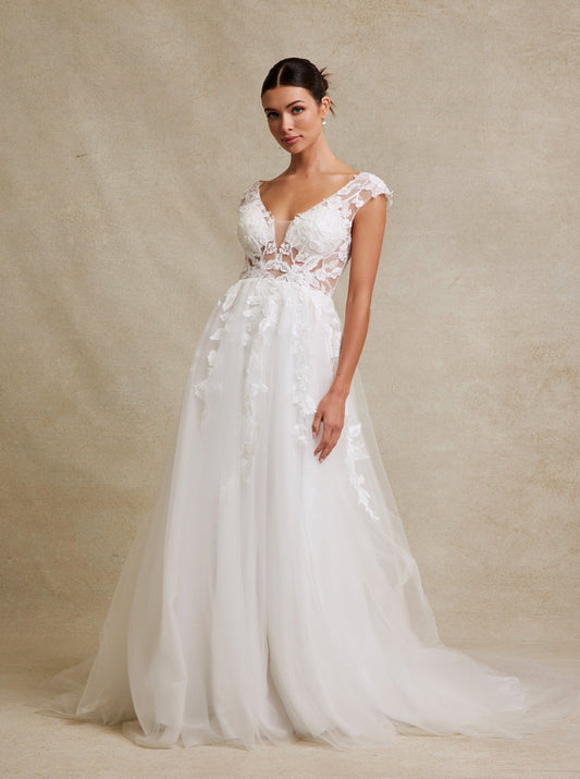 Vestido de Novia Corte A Cuello en V de Encaje Bordado con Cuentas y Lentejuelas, Color Off White