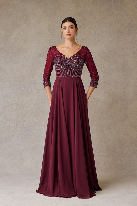 Vestido en Corte A Bordado con Cuentas, Cristales y Lentejuelas con Mangas 3/4, Color Burgundy