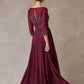 Vestido en Corte A Bordado con Cuentas, Cristales y Lentejuelas con Mangas 3/4, Color Burgundy