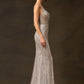 Vestido Corte Ajustado, Escote En V, Sin Mangas, de Tul con Cristales, Pedrería y Lentejuela, Color Silver
